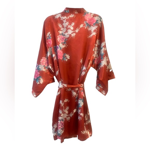 Floral Satin Robe Kimono Short With Belt Boho Women’s One Size - Picture 3 of 5